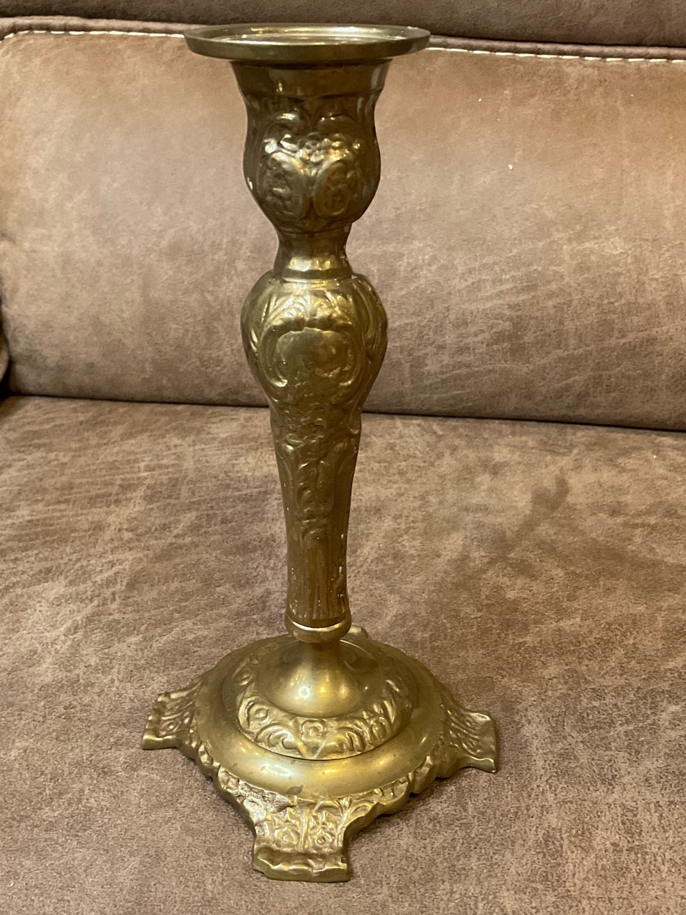Vintage Floral Repoussé Brass Candlestick